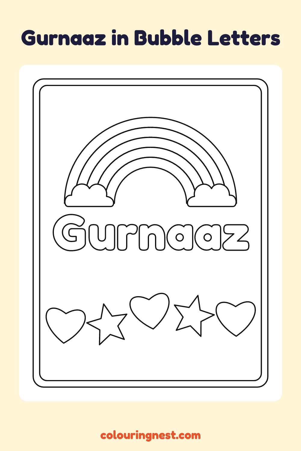 Gurnaaz in Bubble Letters coloring page: free printable black-and-white line art