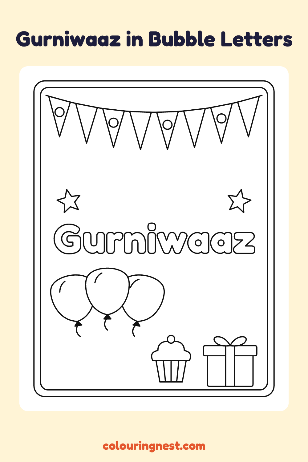 Gurniwaaz in Bubble Letters coloring page: free printable black-and-white line art