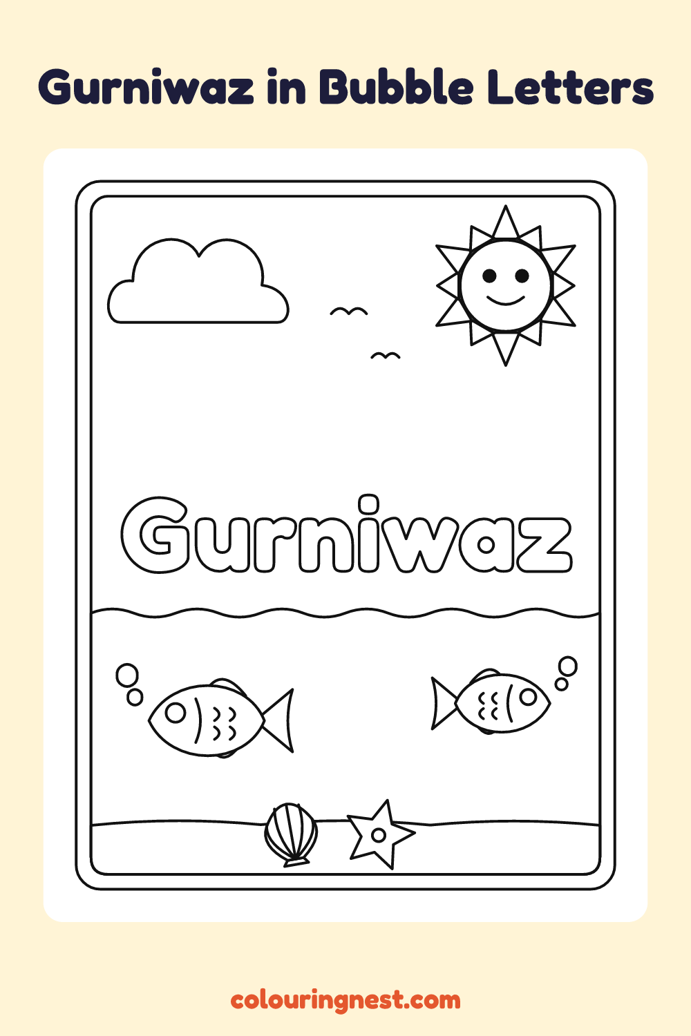 Gurniwaz in Bubble Letters coloring page: free printable black-and-white line art