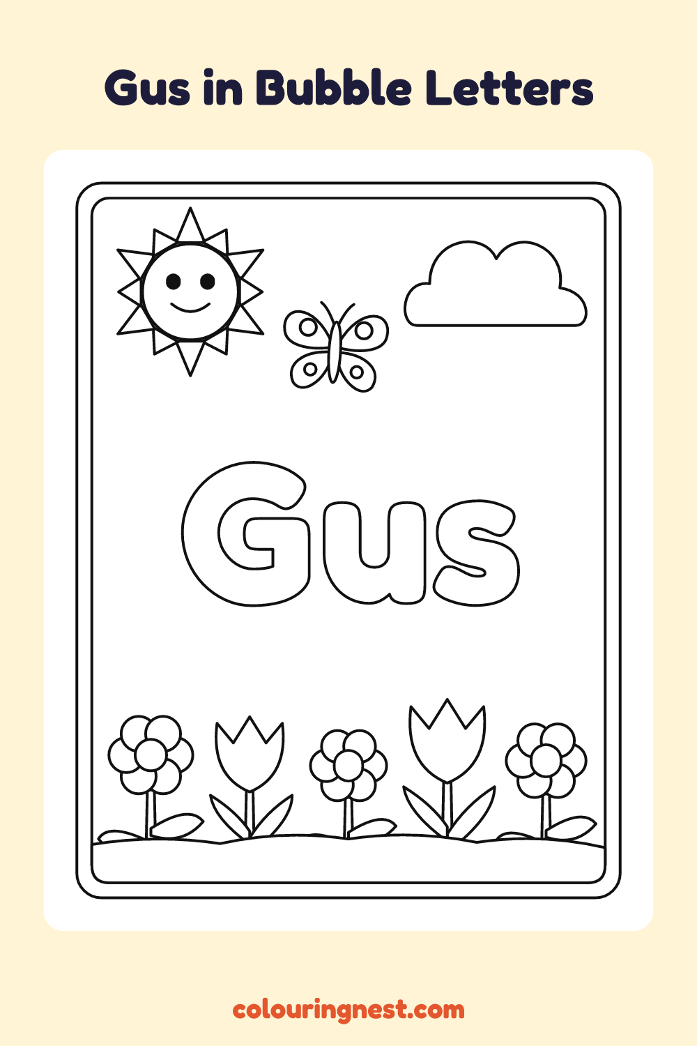 Gus in Bubble Letters coloring page: free printable black-and-white line art