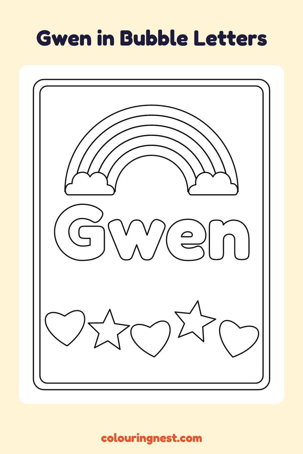 Gwen in Bubble Letters coloring page: free printable black-and-white line art