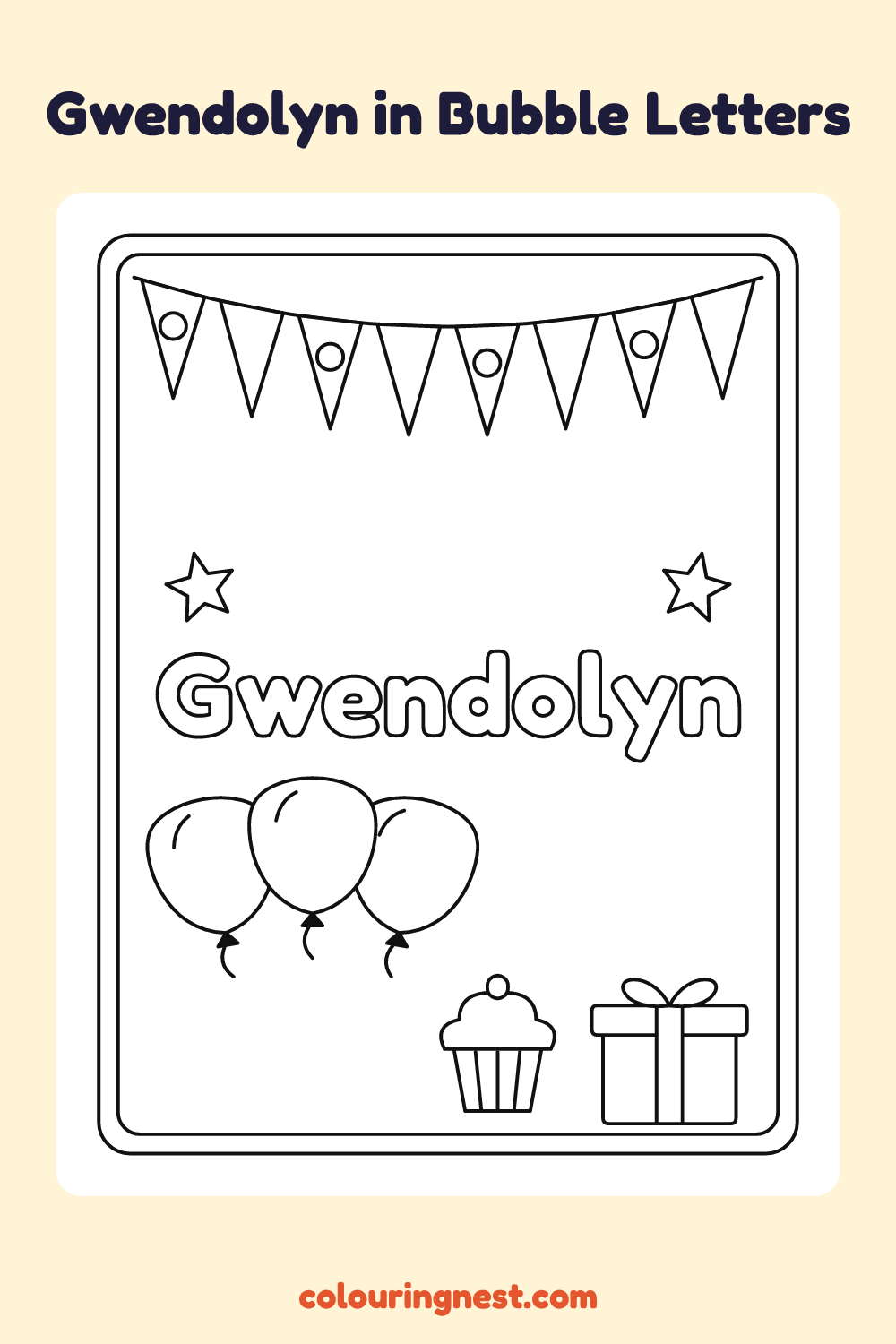Gwendolyn in Bubble Letters coloring page: free printable black-and-white line art