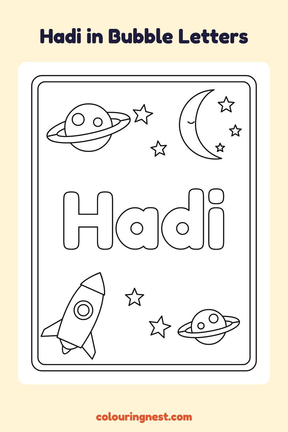 Hadi in Bubble Letters coloring page: free printable black-and-white line art