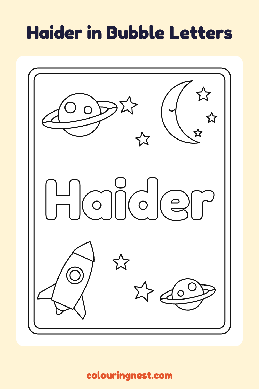 Haider in Bubble Letters coloring page: free printable black-and-white line art