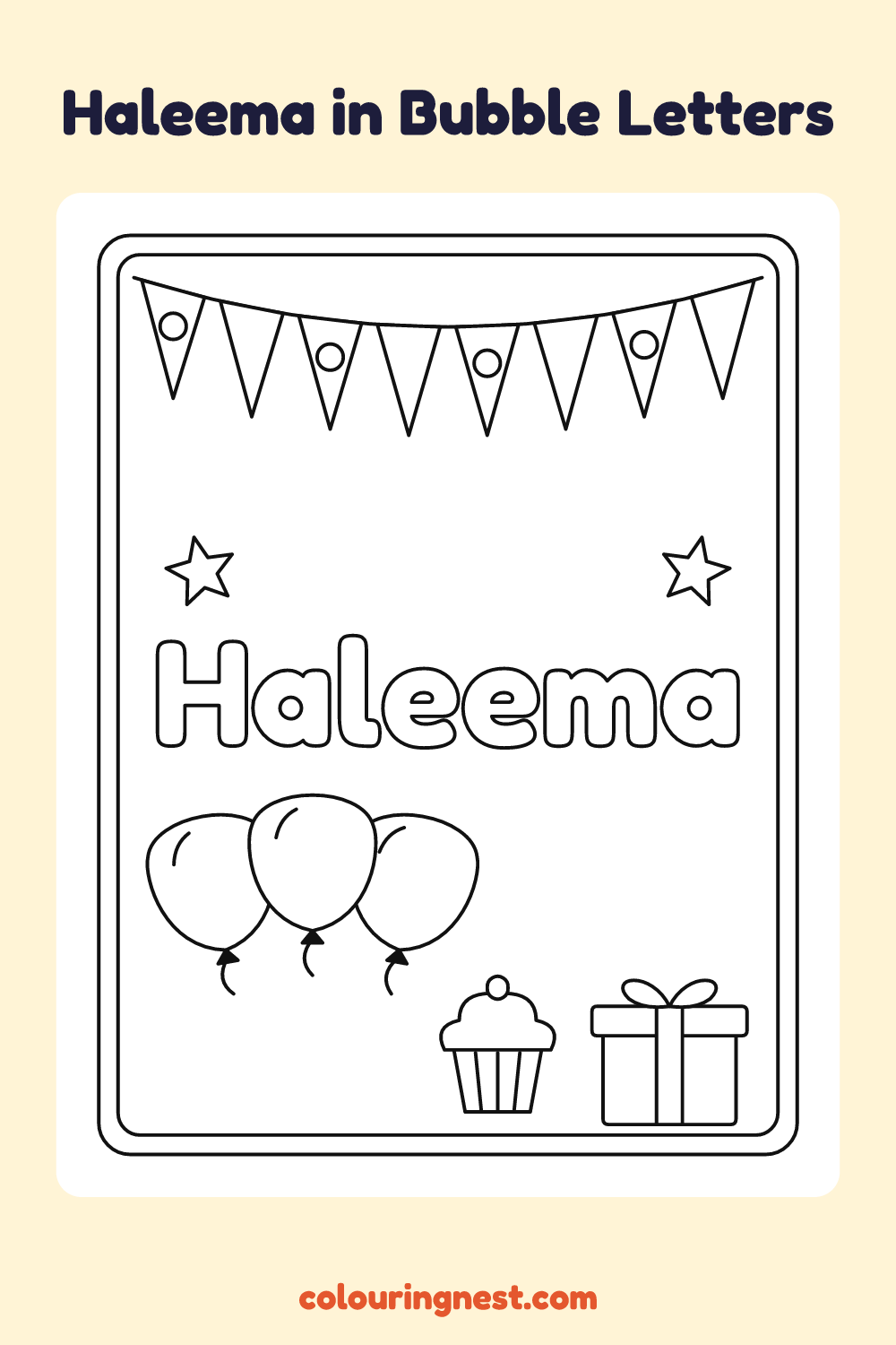Haleema in Bubble Letters coloring page: free printable black-and-white line art