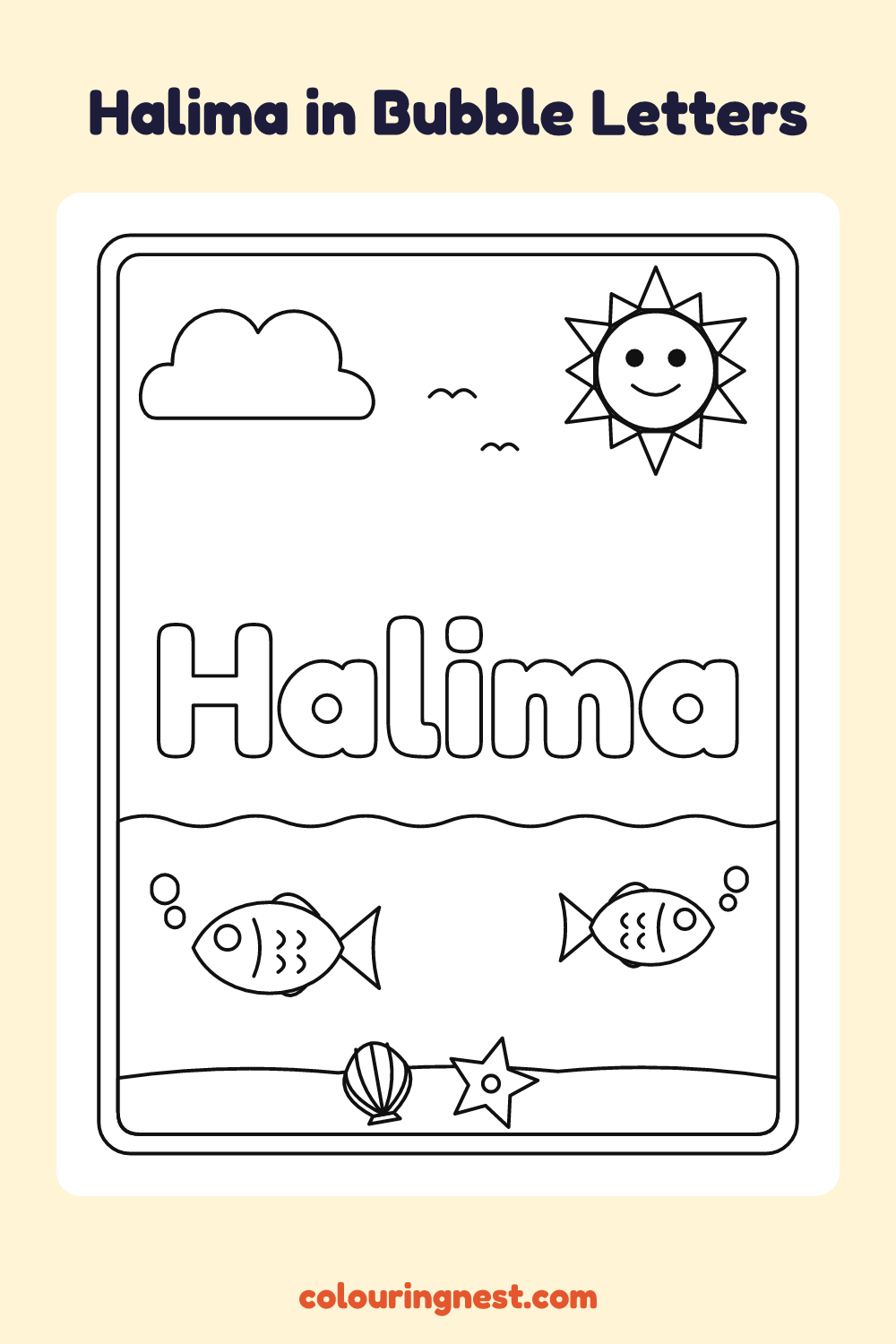 Halima in Bubble Letters coloring page: free printable black-and-white line art