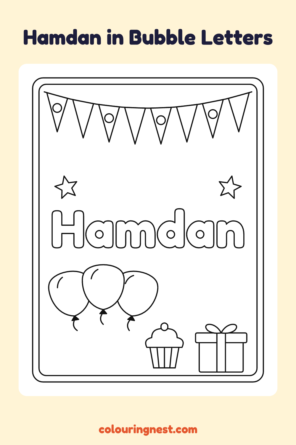 Hamdan in Bubble Letters coloring page: free printable black-and-white line art