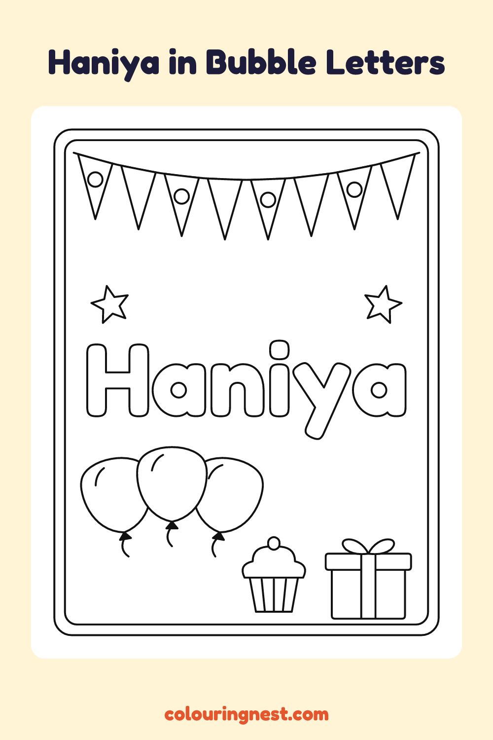 Haniya in Bubble Letters coloring page: free printable black-and-white line art