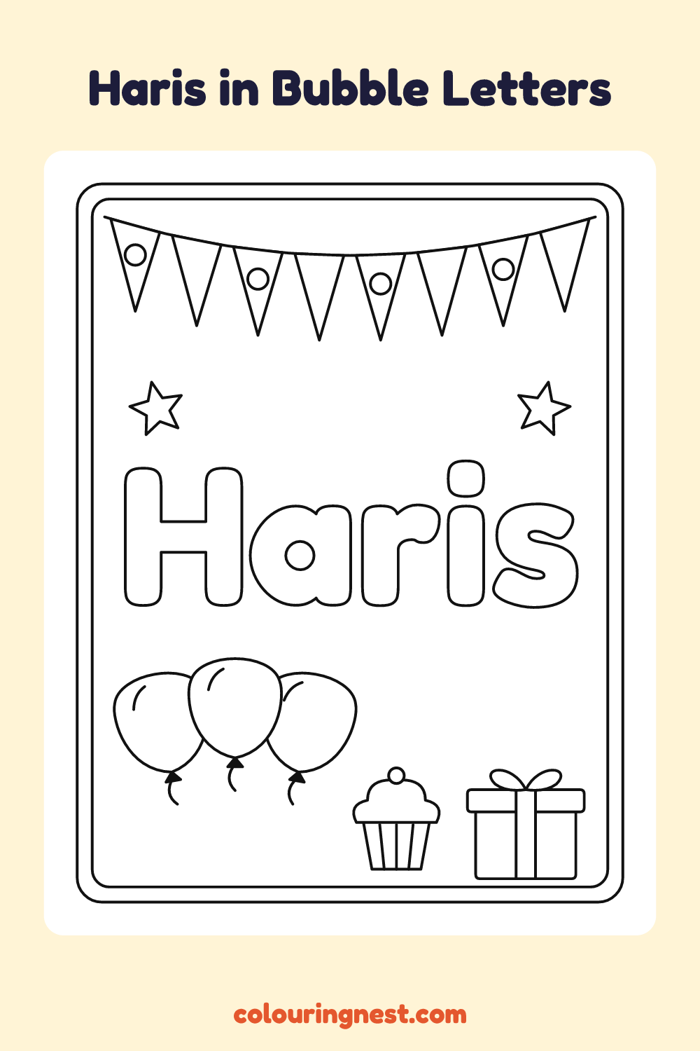 Haris in Bubble Letters coloring page: free printable black-and-white line art