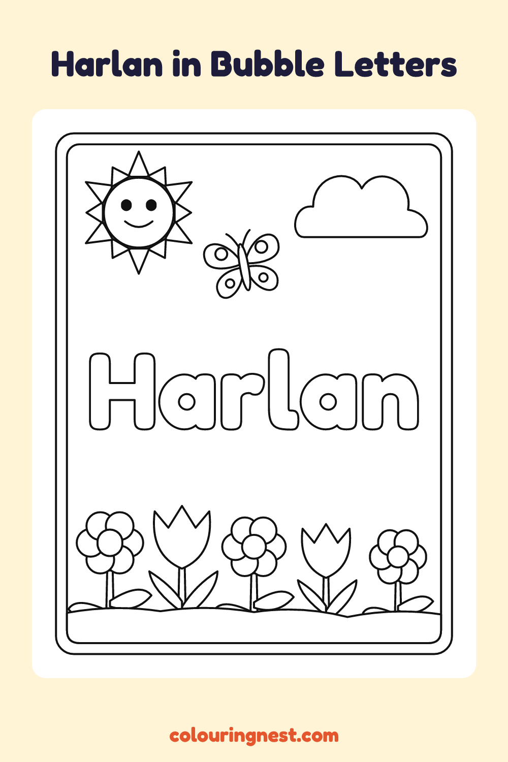Harlan in Bubble Letters coloring page: free printable black-and-white line art