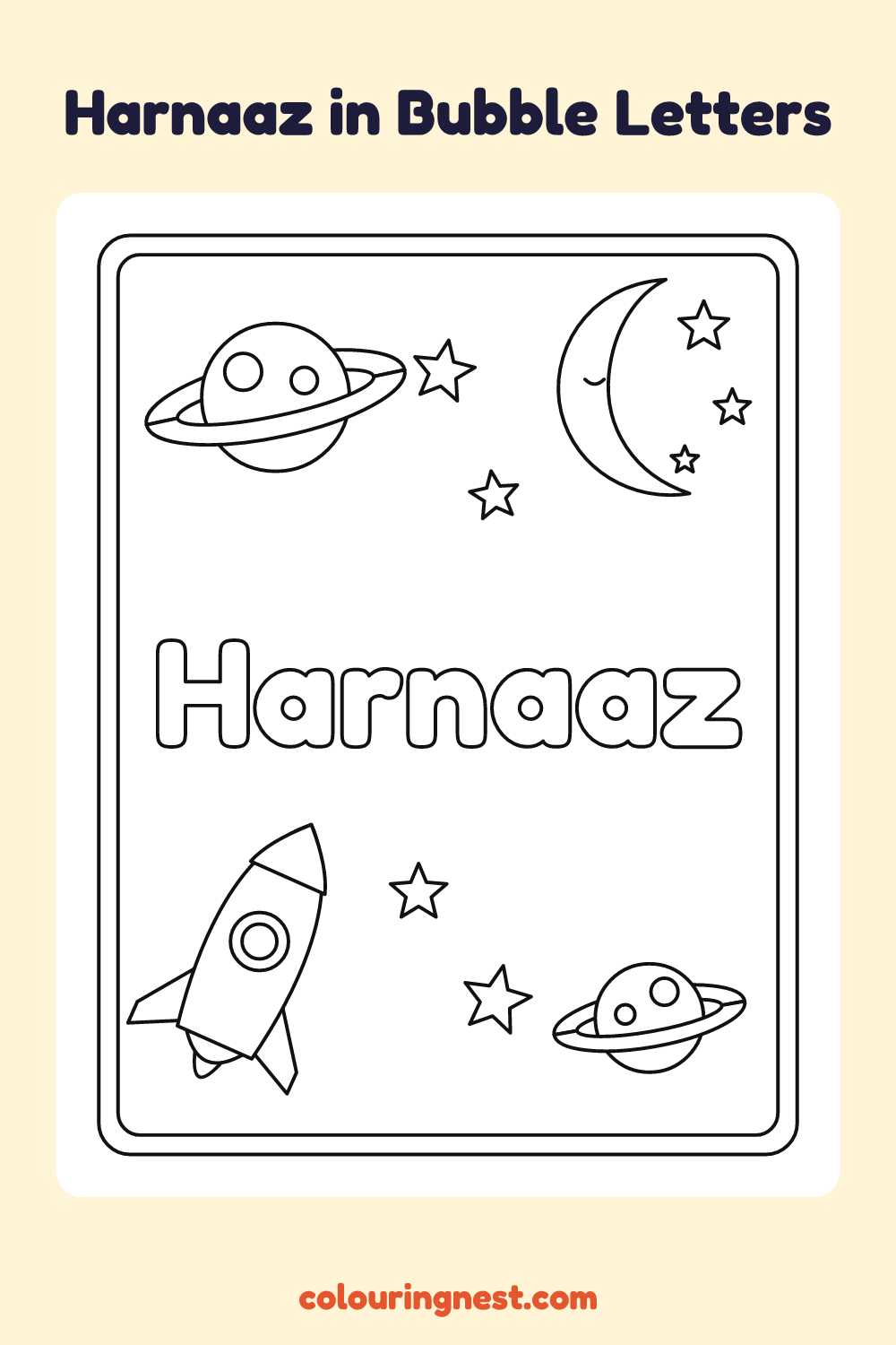 Harnaaz in Bubble Letters coloring page: free printable black-and-white line art