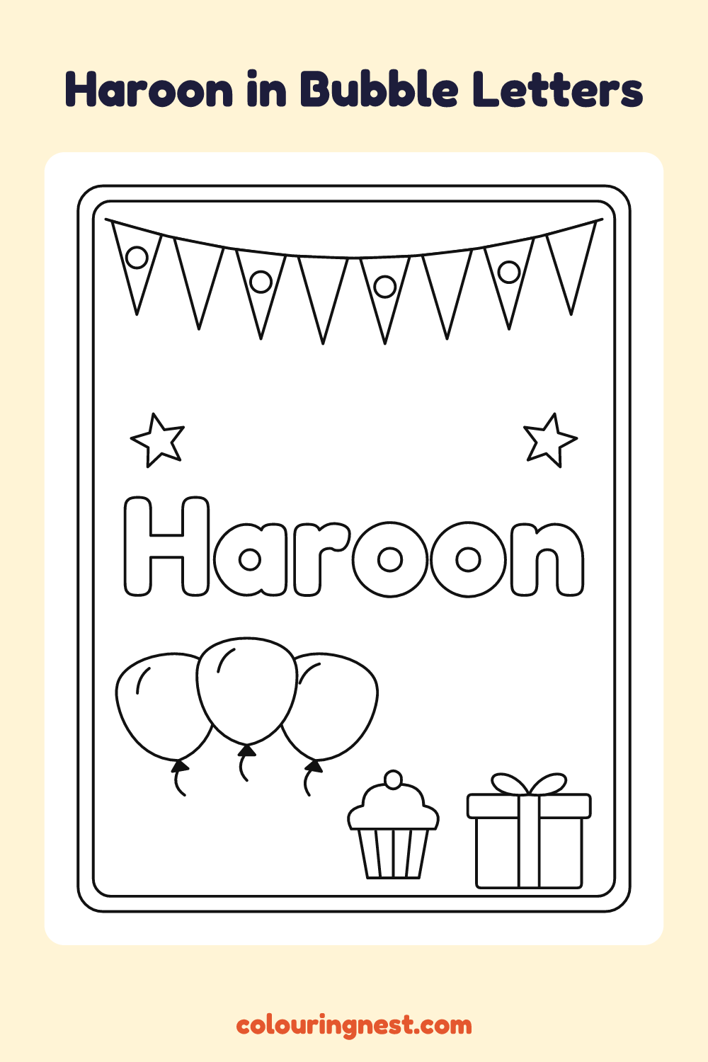 Haroon in Bubble Letters coloring page: free printable black-and-white line art