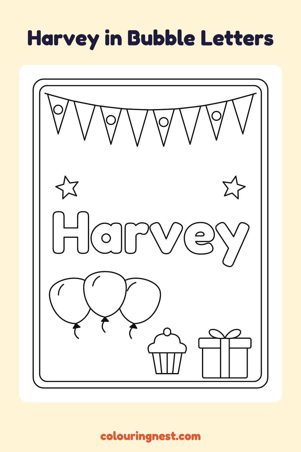 Harvey in Bubble Letters coloring page: free printable black-and-white line art