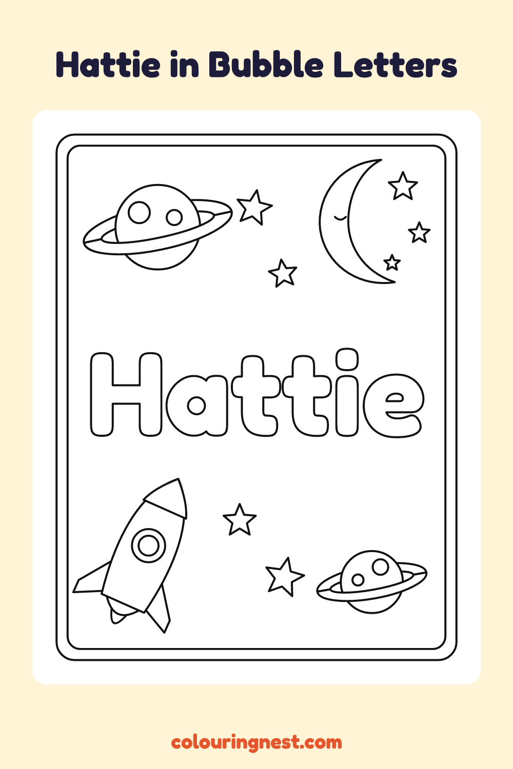 Hattie in Bubble Letters coloring page: free printable black-and-white line art