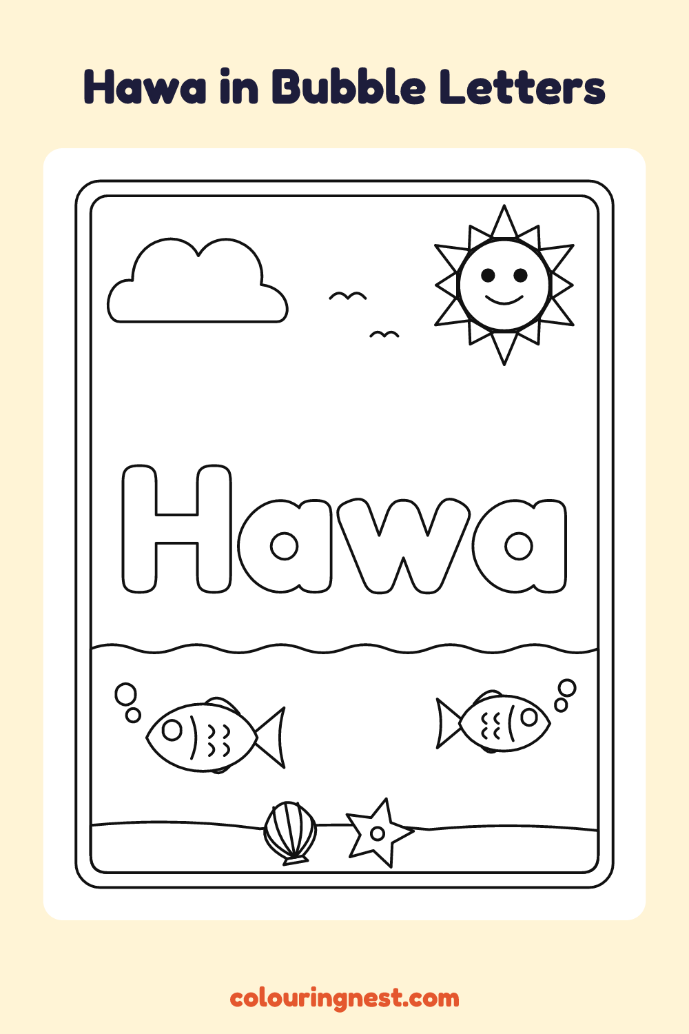 Hawa in Bubble Letters coloring page: free printable black-and-white line art