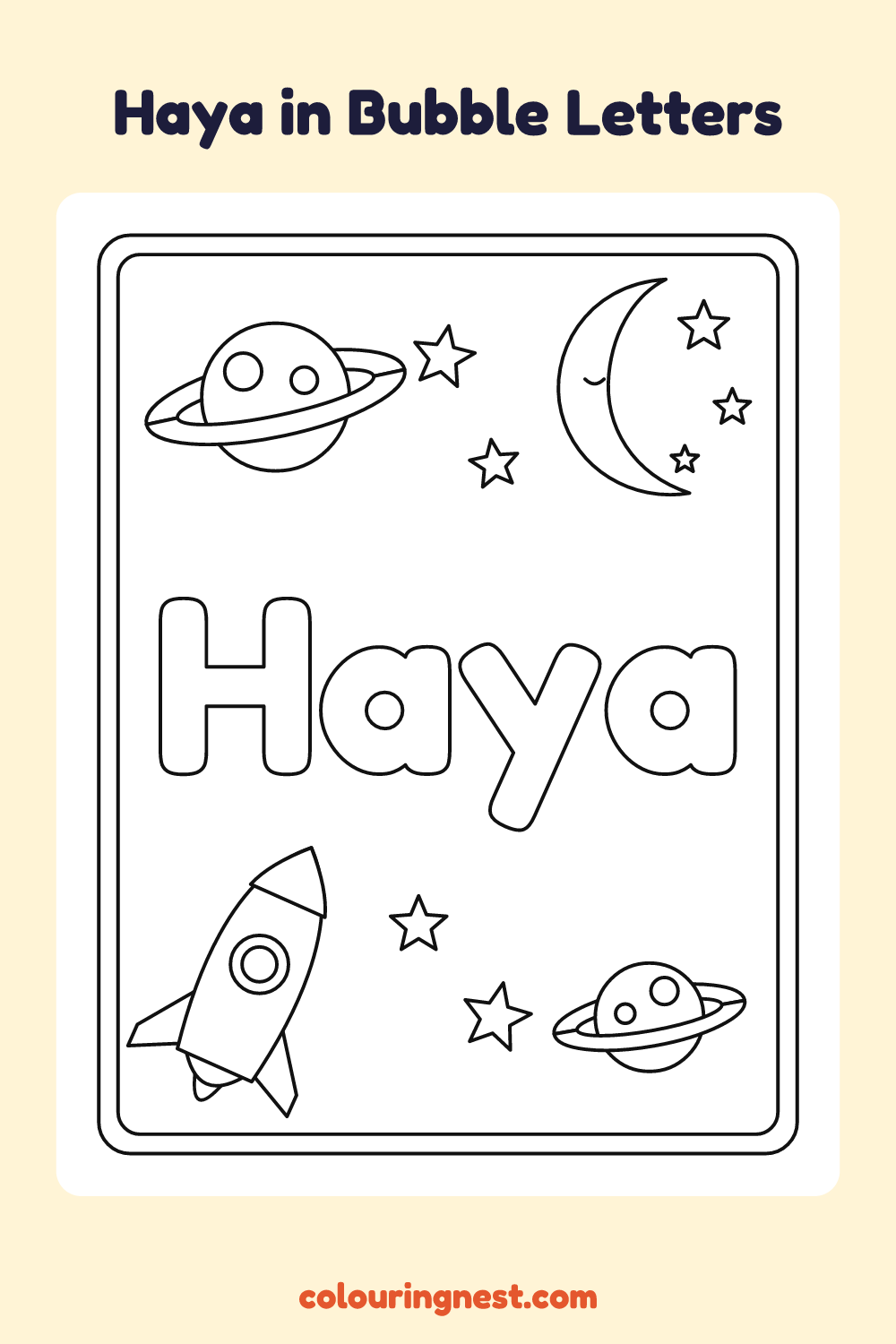Haya in Bubble Letters coloring page: free printable black-and-white line art