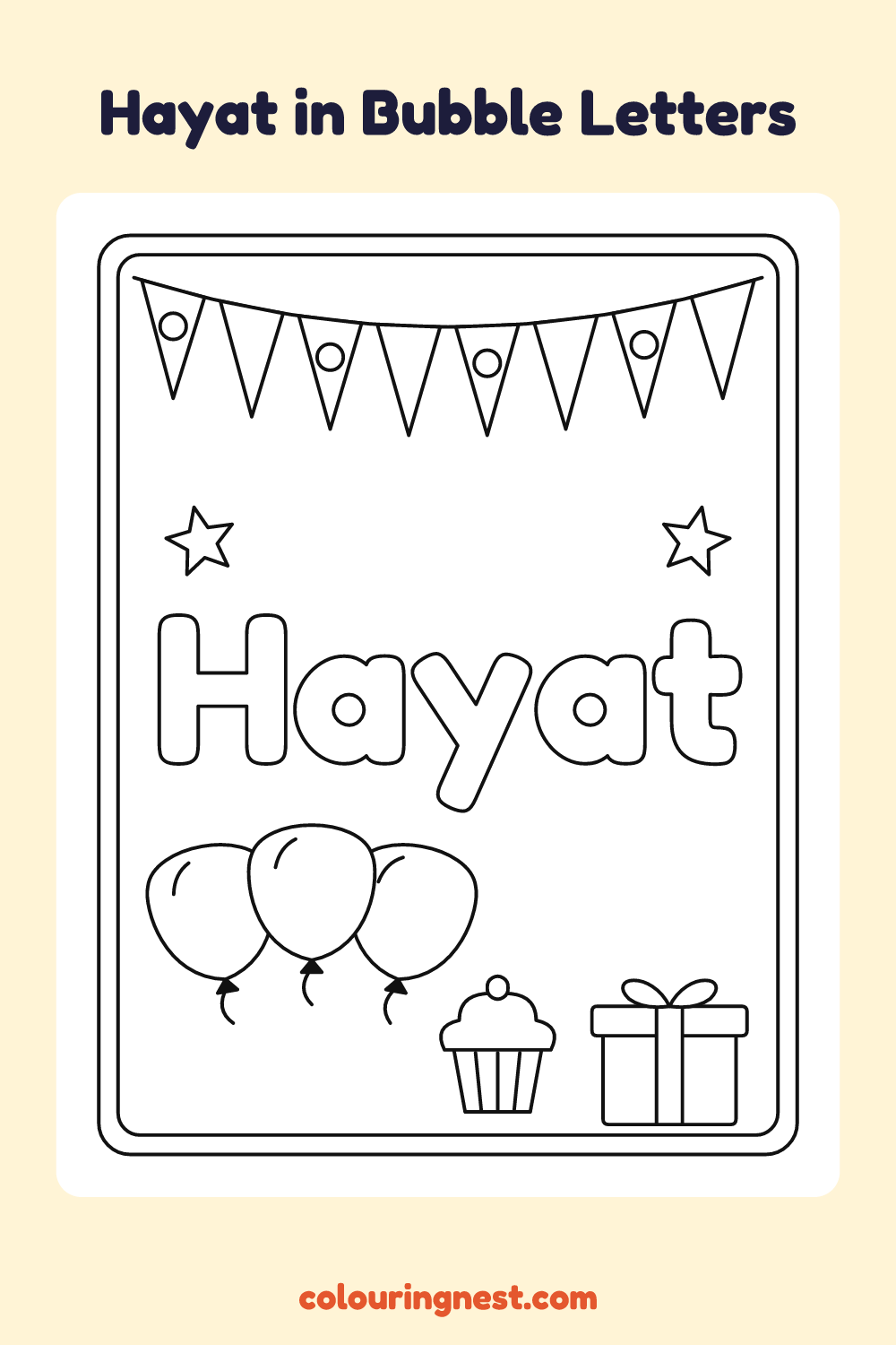 Hayat in Bubble Letters coloring page: free printable black-and-white line art