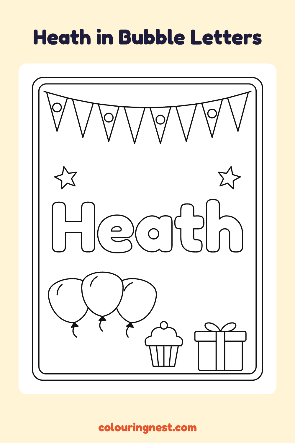Heath in Bubble Letters coloring page: free printable black-and-white line art