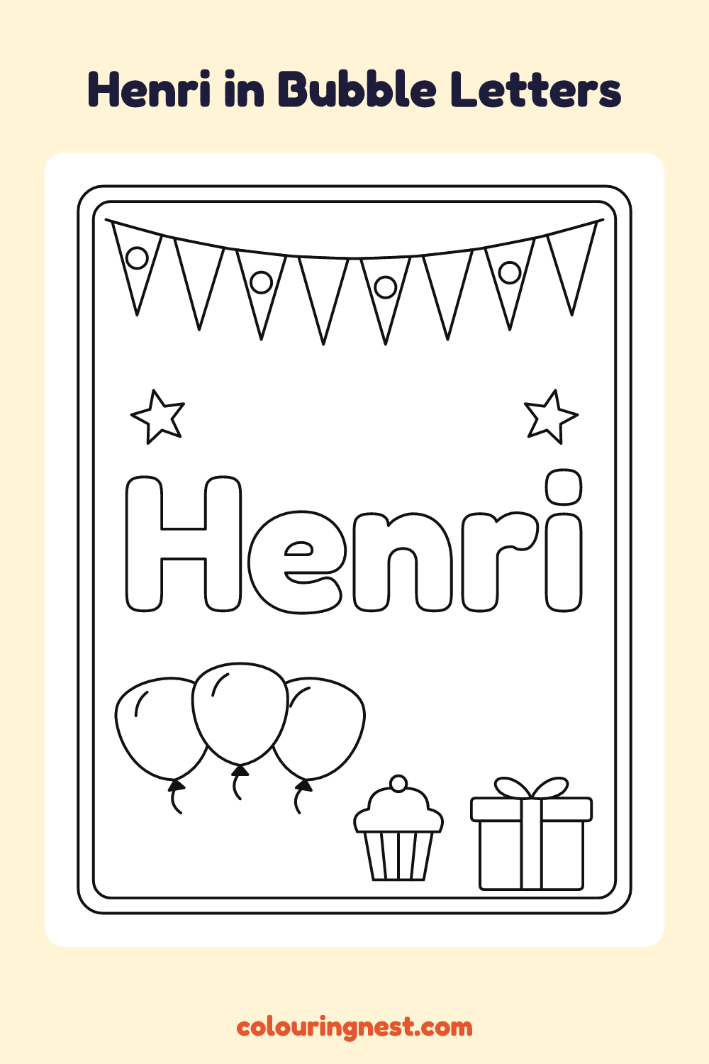 Henri in Bubble Letters coloring page: free printable black-and-white line art