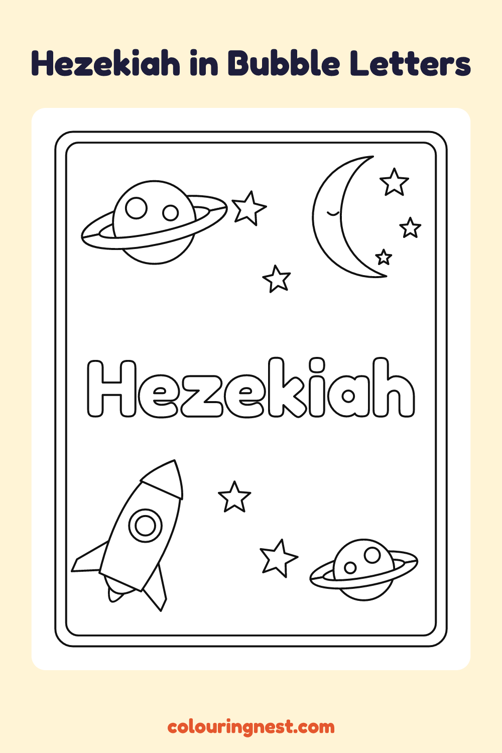 Hezekiah in Bubble Letters coloring page: free printable black-and-white line art