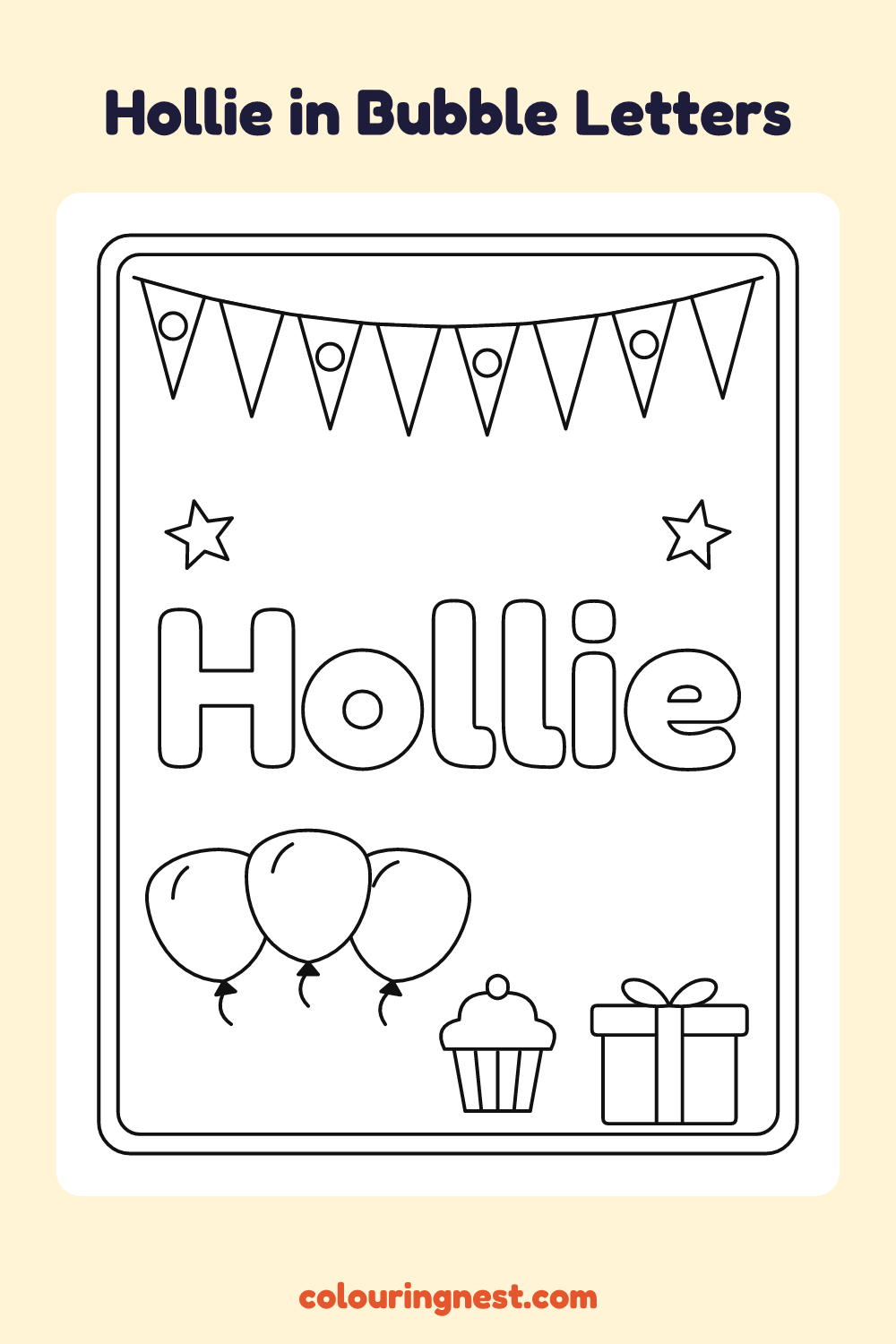 Hollie in Bubble Letters coloring page: free printable black-and-white line art