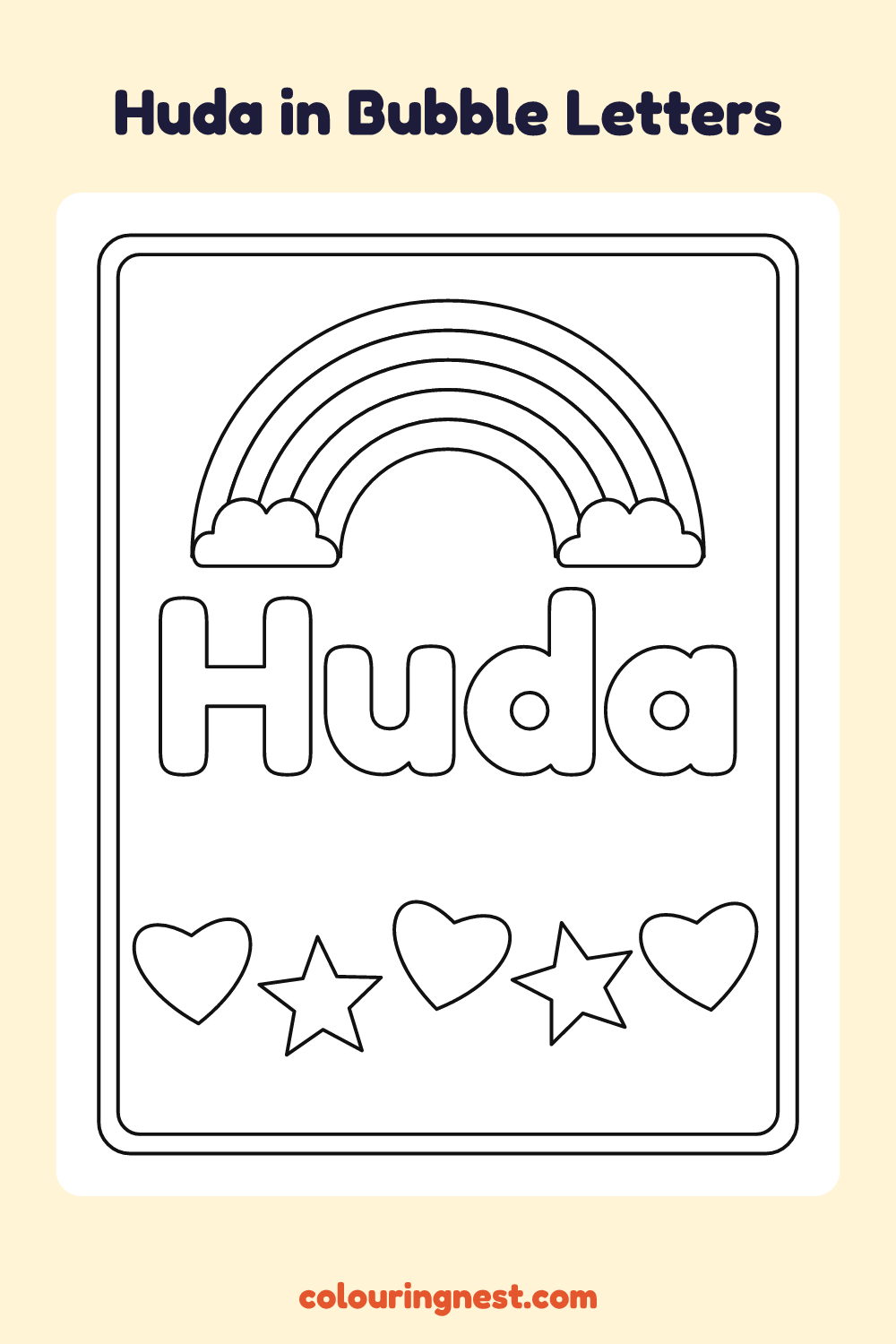 Huda in Bubble Letters coloring page: free printable black-and-white line art