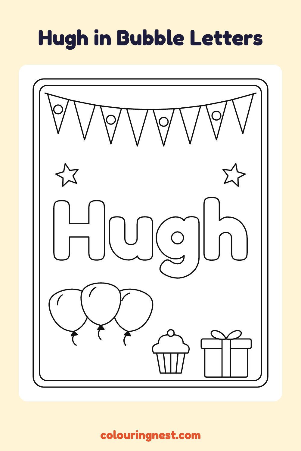 Hugh in Bubble Letters coloring page: free printable black-and-white line art