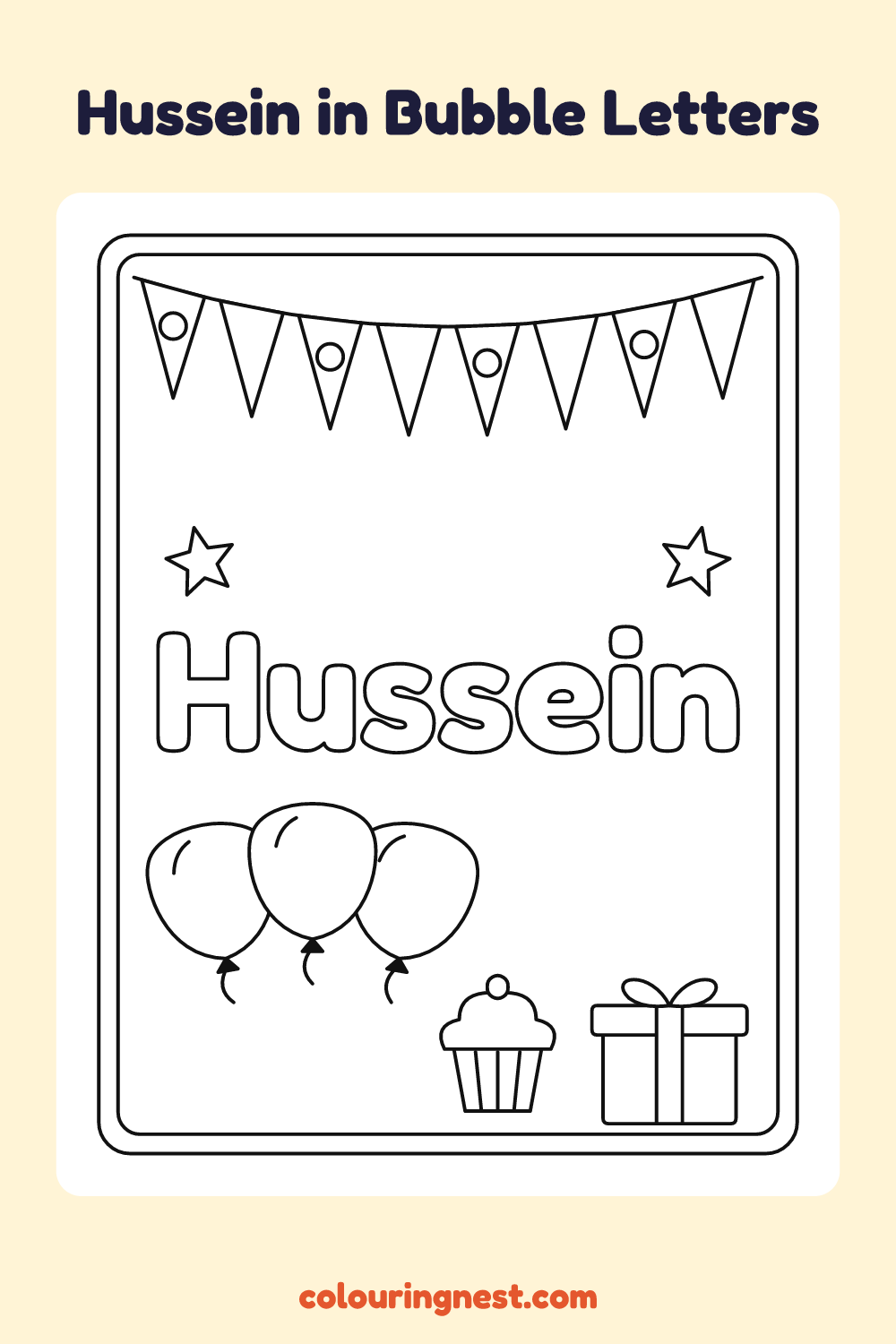Hussein in Bubble Letters coloring page: free printable black-and-white line art