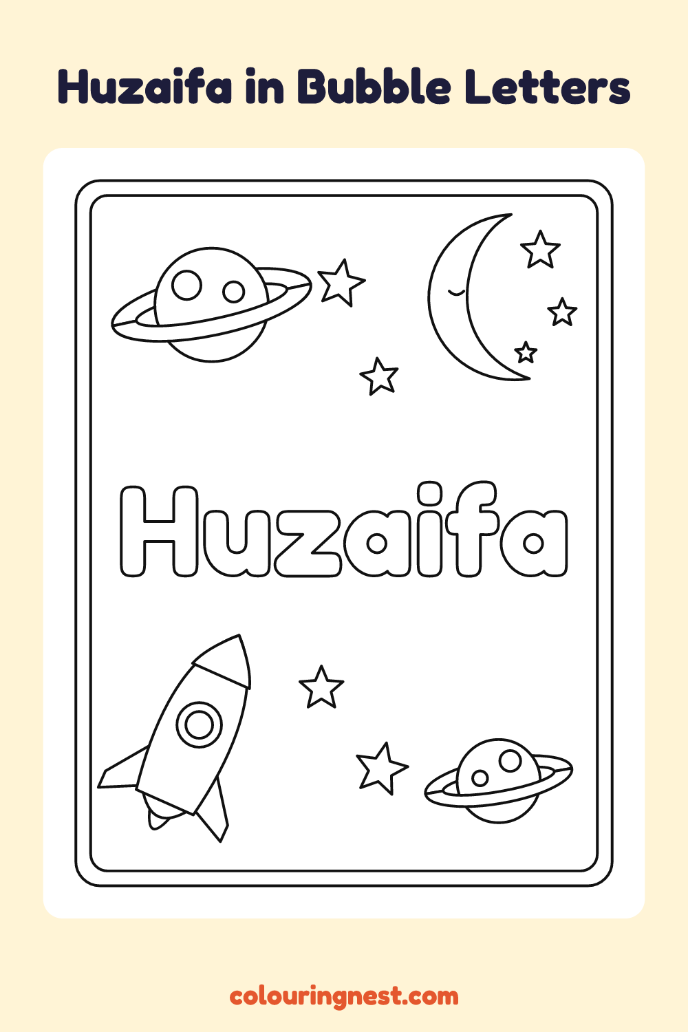 Huzaifa in Bubble Letters coloring page: free printable black-and-white line art
