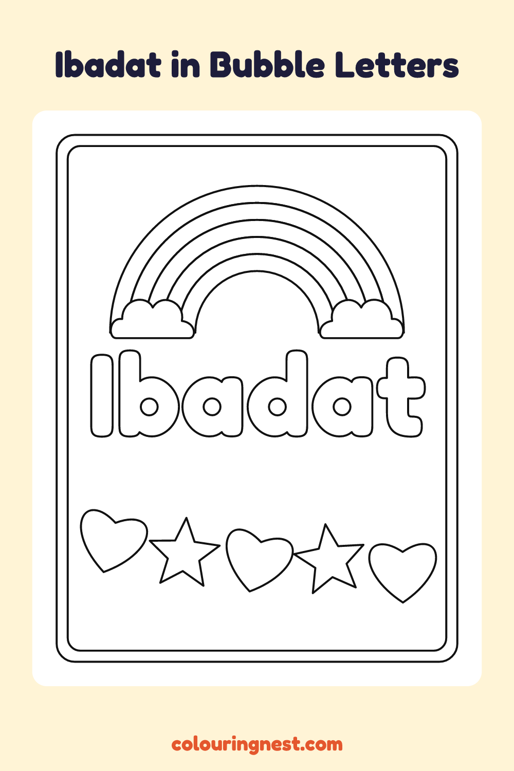 Ibadat in Bubble Letters coloring page: free printable black-and-white line art