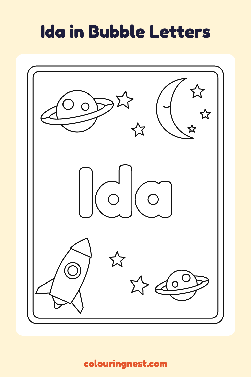 Ida in Bubble Letters coloring page: free printable black-and-white line art