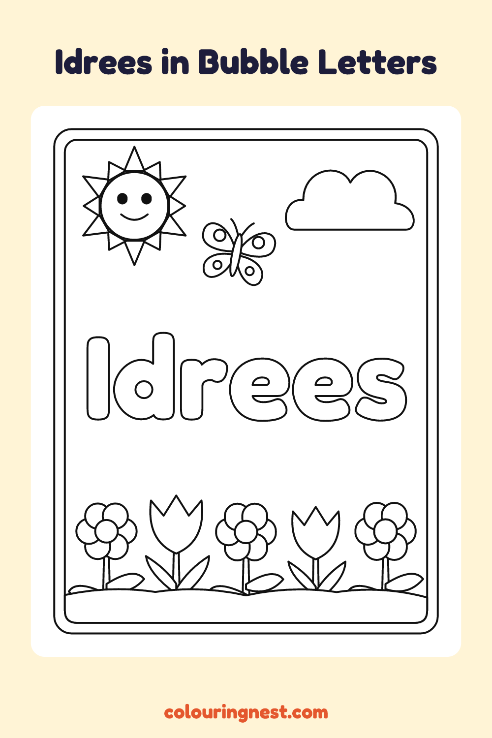 Idrees in Bubble Letters coloring page: free printable black-and-white line art