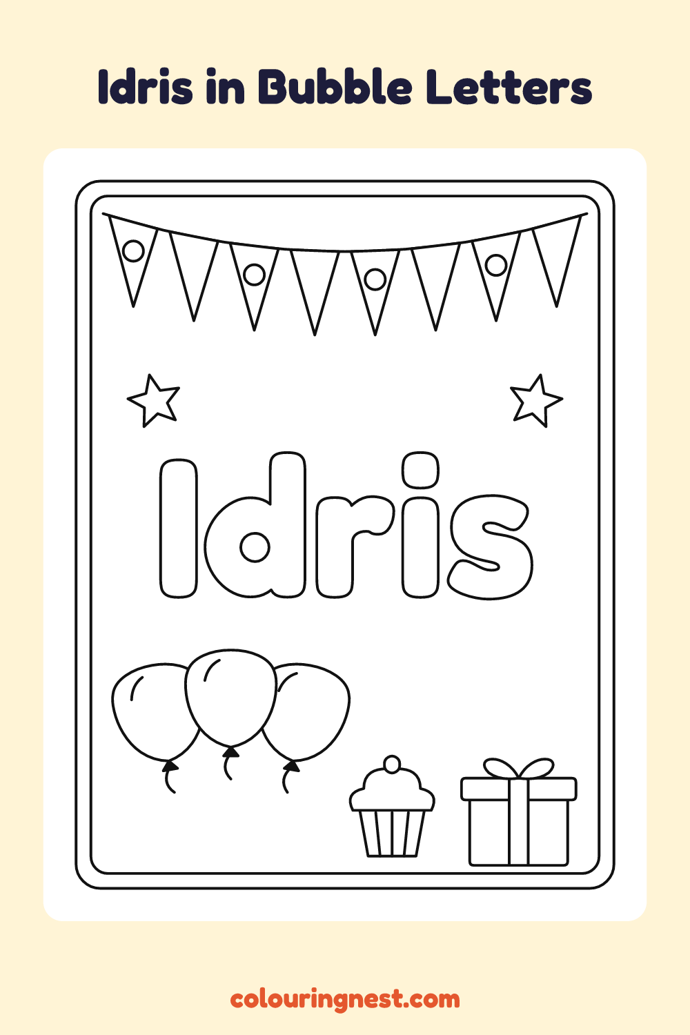 Idris in Bubble Letters coloring page: free printable black-and-white line art