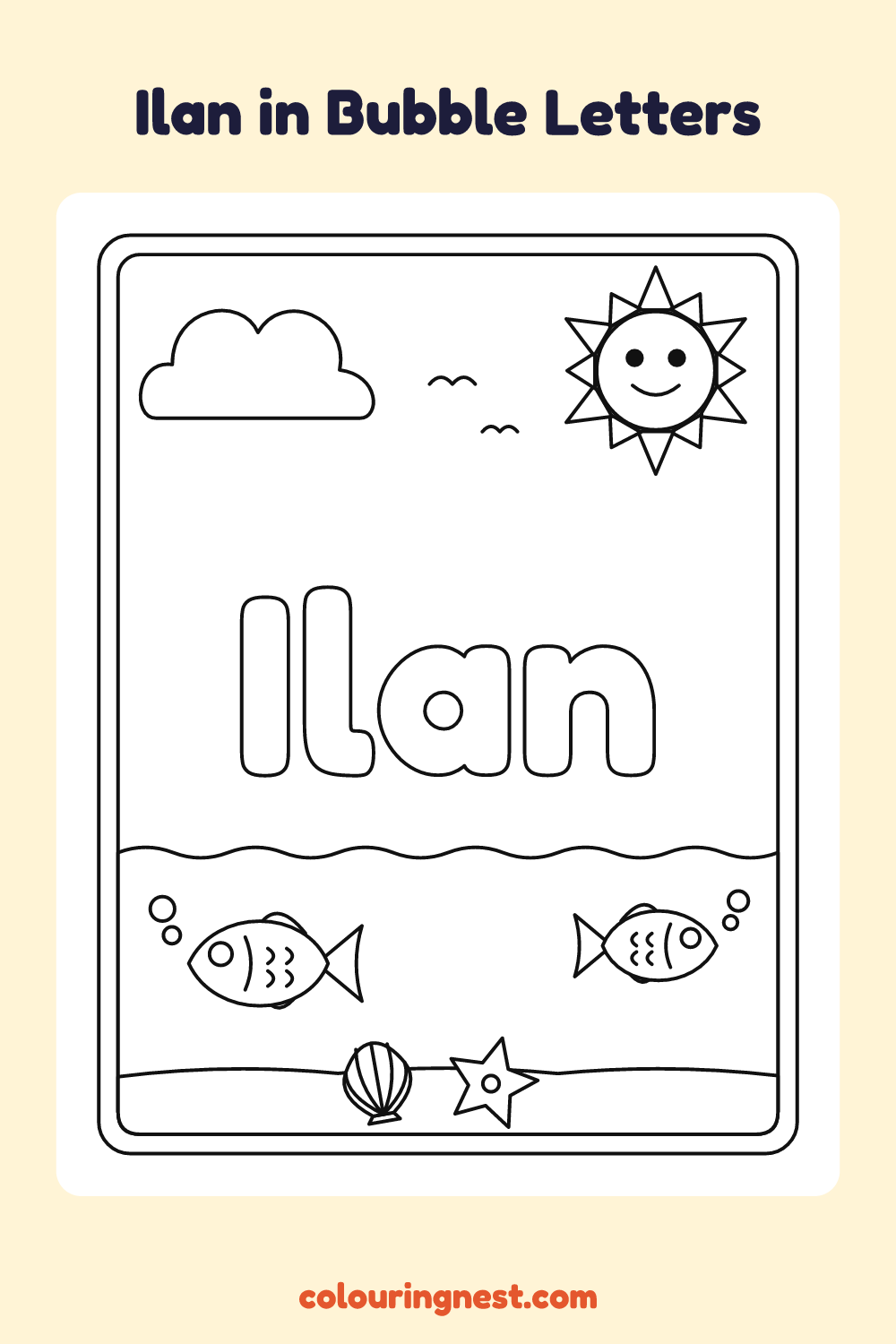 Ilan in Bubble Letters coloring page: free printable black-and-white line art