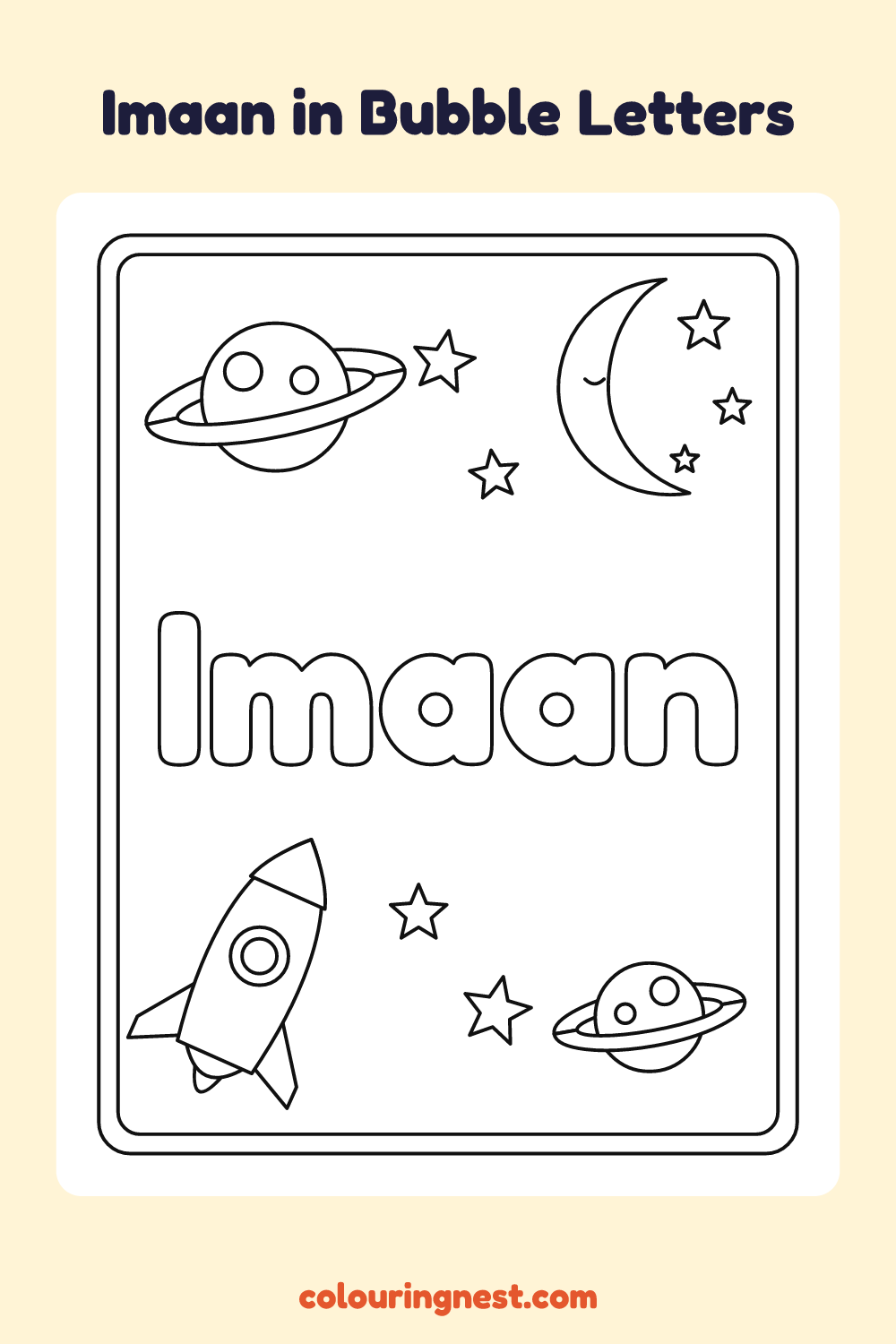 Imaan in Bubble Letters coloring page: free printable black-and-white line art