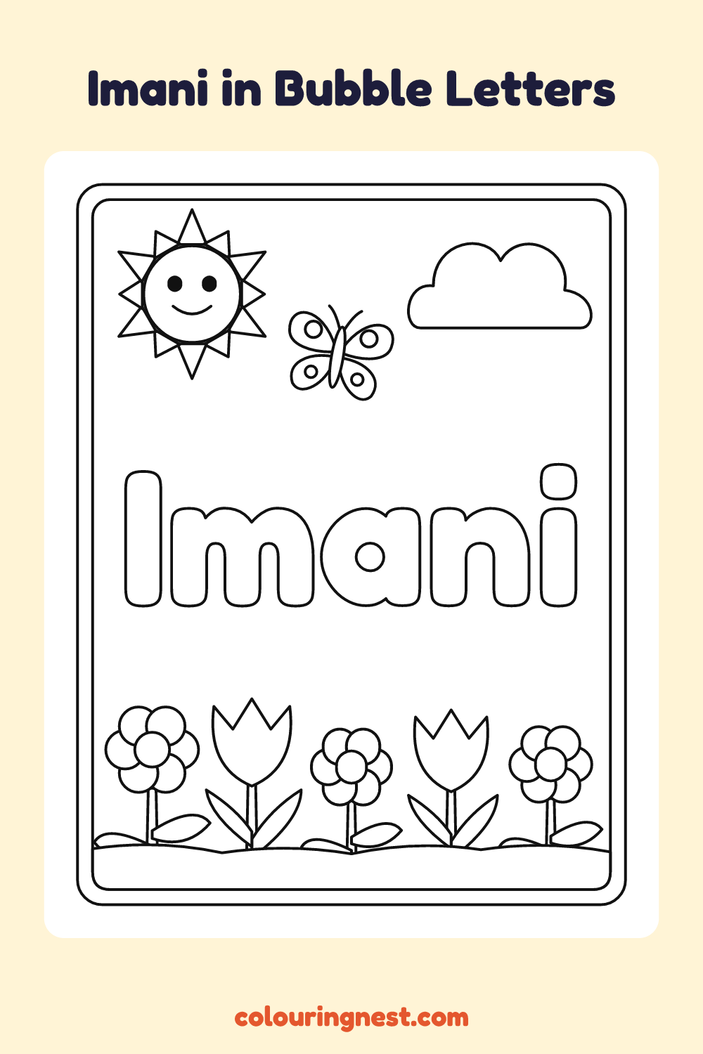 Imani in Bubble Letters coloring page: free printable black-and-white line art
