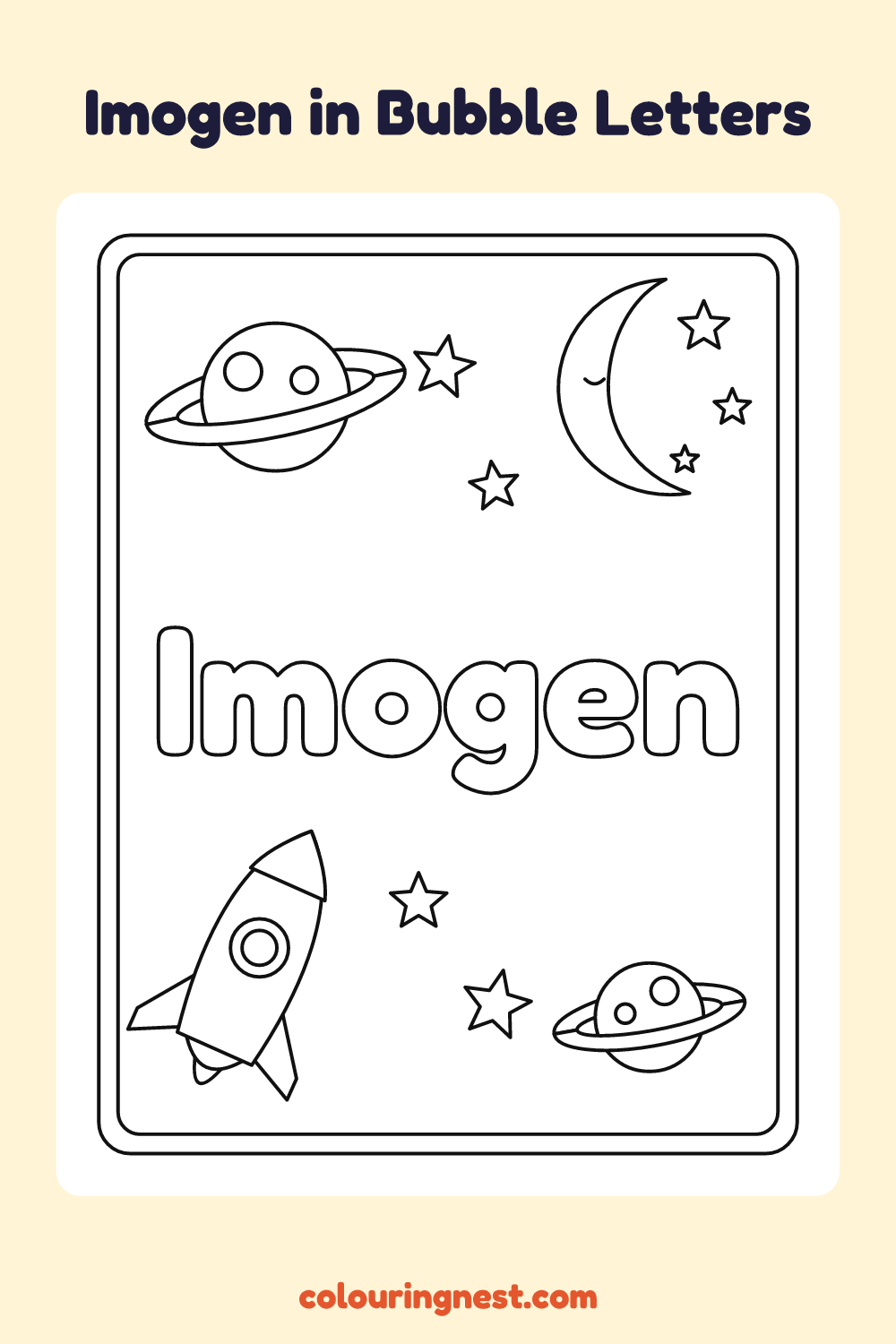 Imogen in Bubble Letters coloring page: free printable black-and-white line art