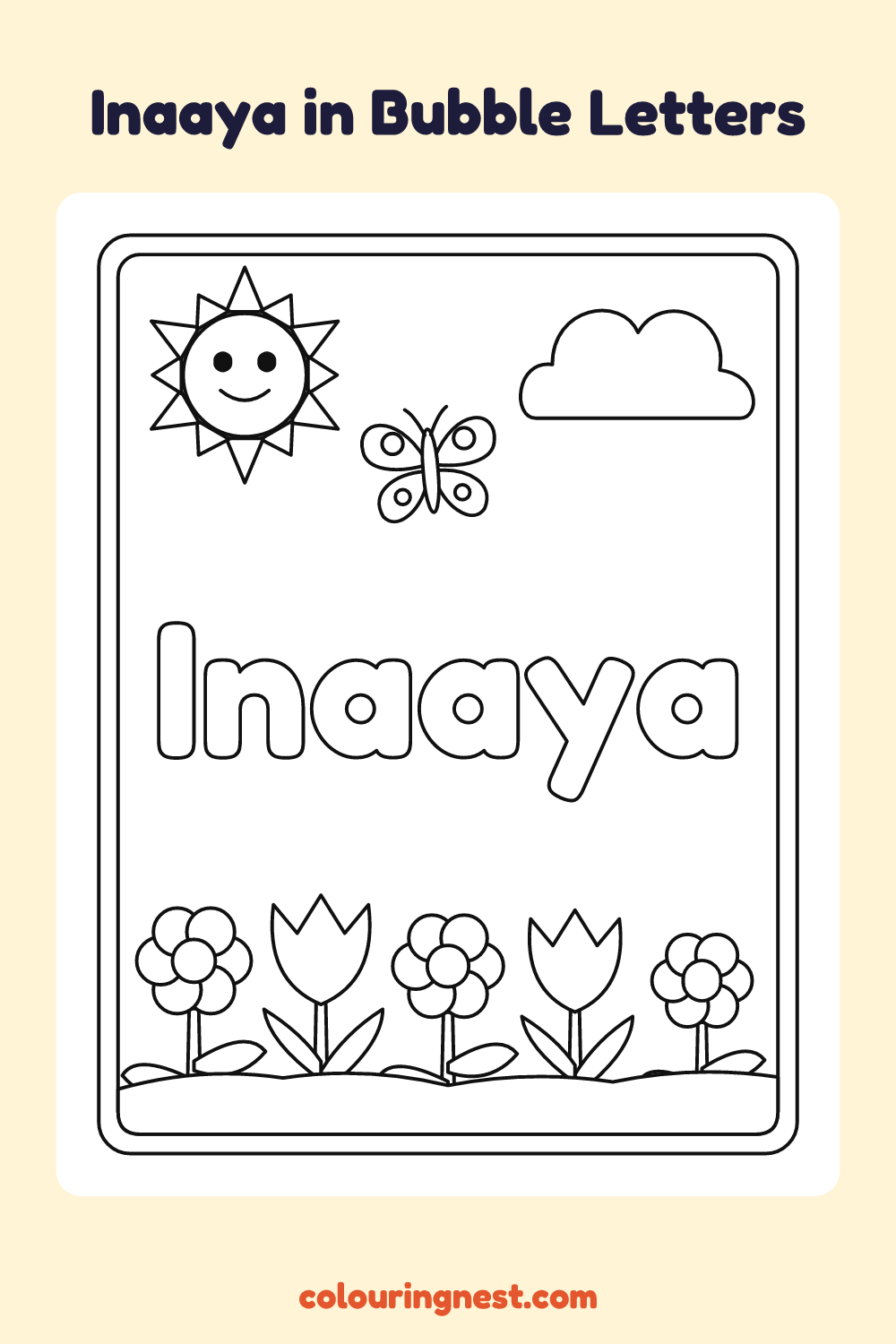 Inaaya in Bubble Letters coloring page: free printable black-and-white line art