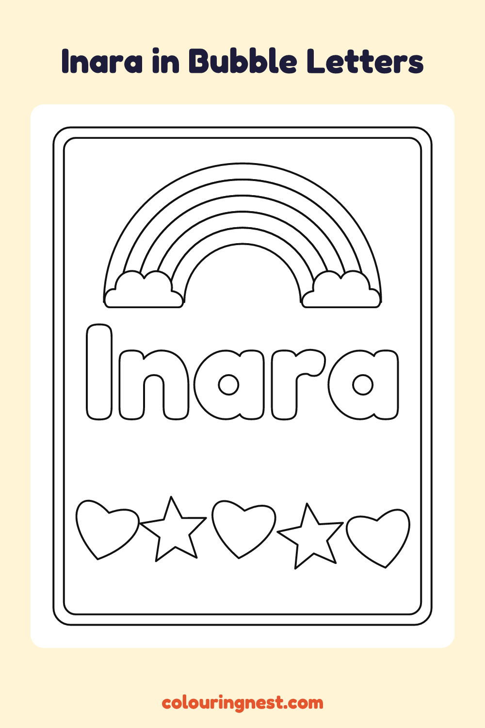 Inara in Bubble Letters coloring page: free printable black-and-white line art
