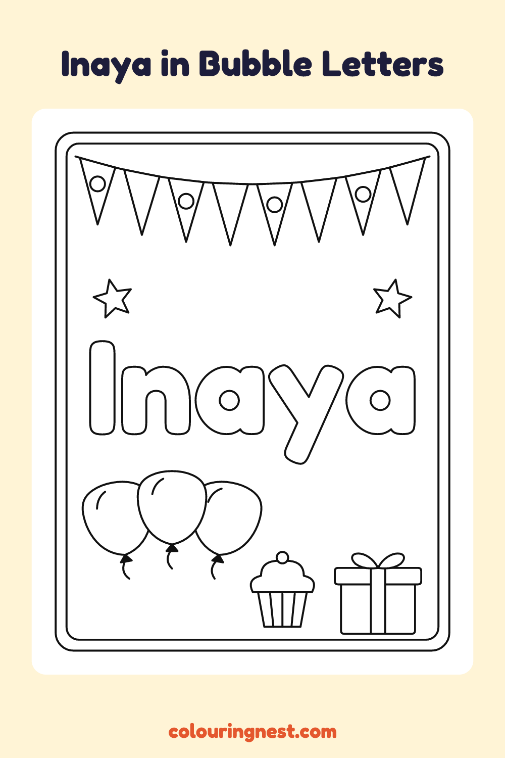Inaya in Bubble Letters coloring page: free printable black-and-white line art