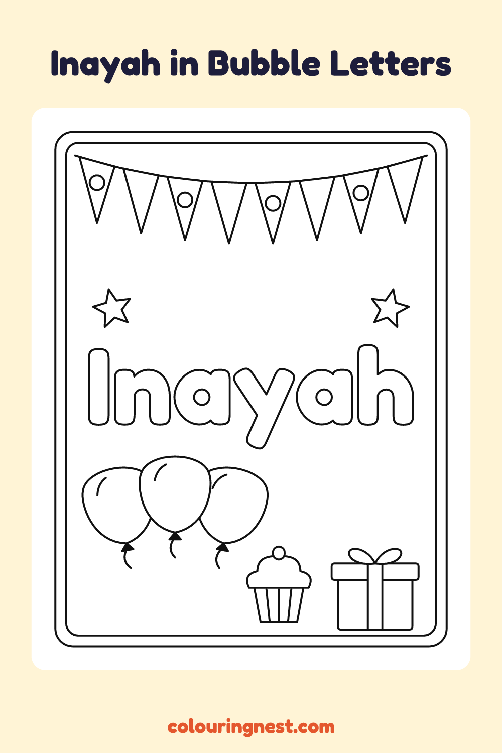 Inayah in Bubble Letters coloring page: free printable black-and-white line art