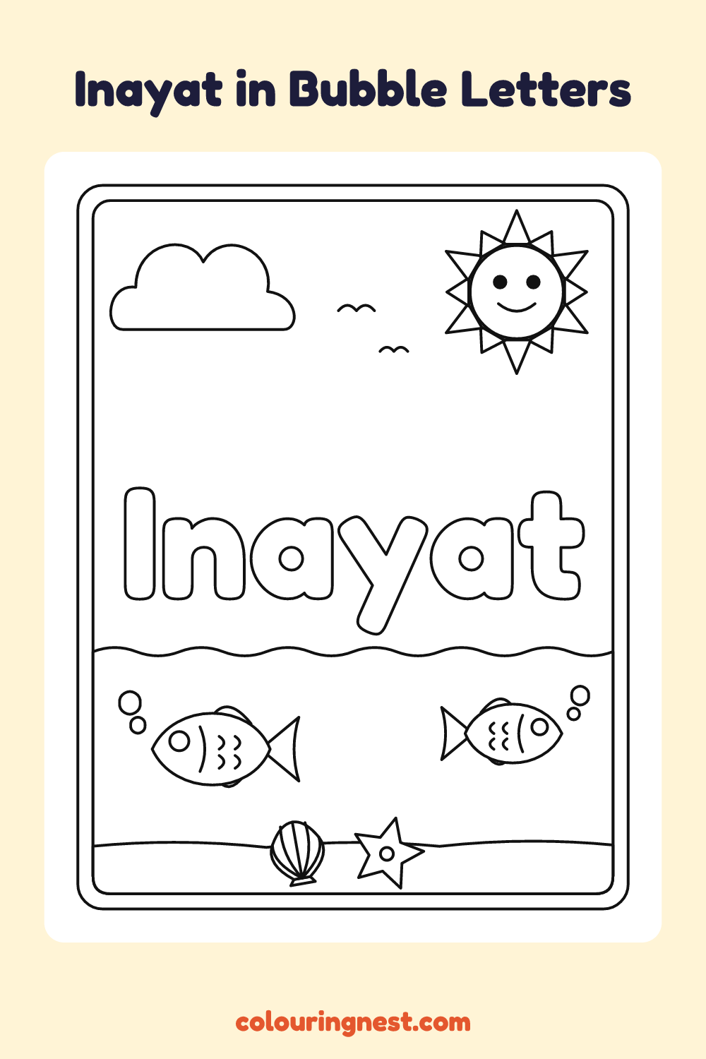 Inayat in Bubble Letters coloring page: free printable black-and-white line art