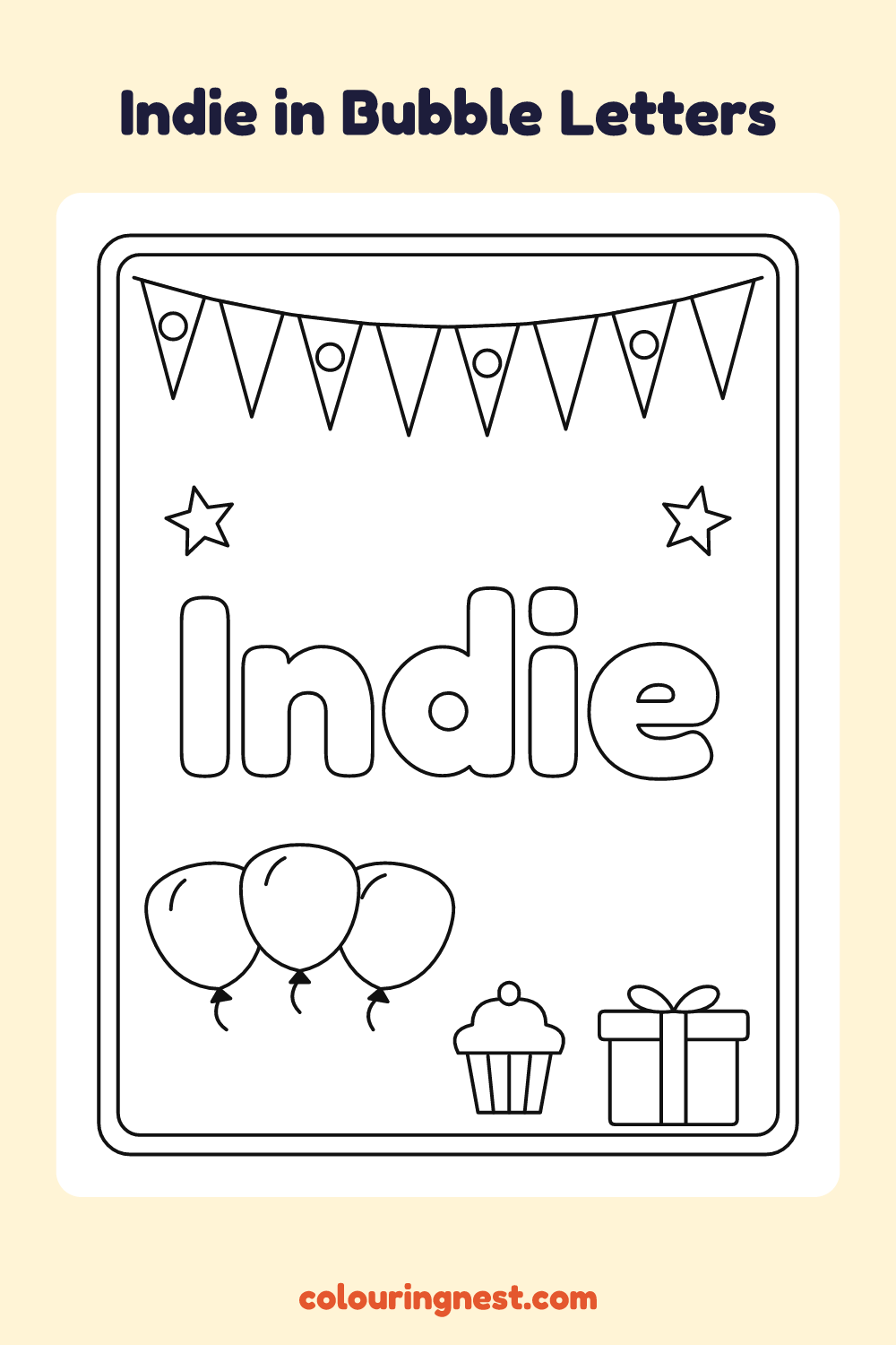 Indie in Bubble Letters coloring page: free printable black-and-white line art