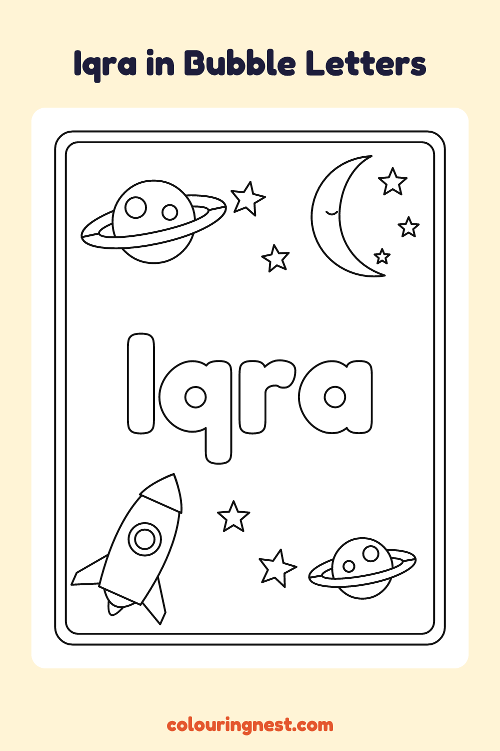 Iqra in Bubble Letters coloring page: free printable black-and-white line art