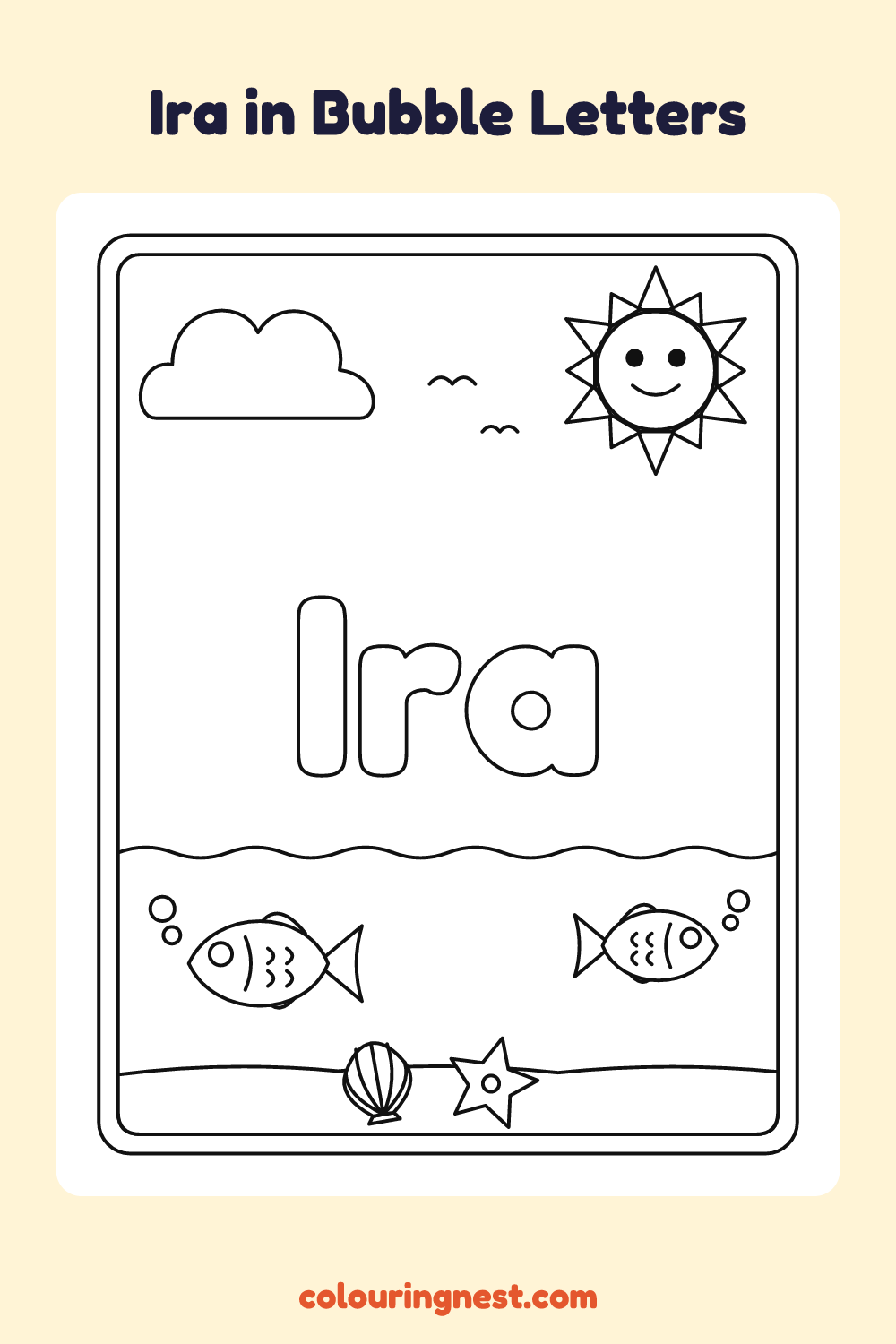 Ira in Bubble Letters coloring page: free printable black-and-white line art
