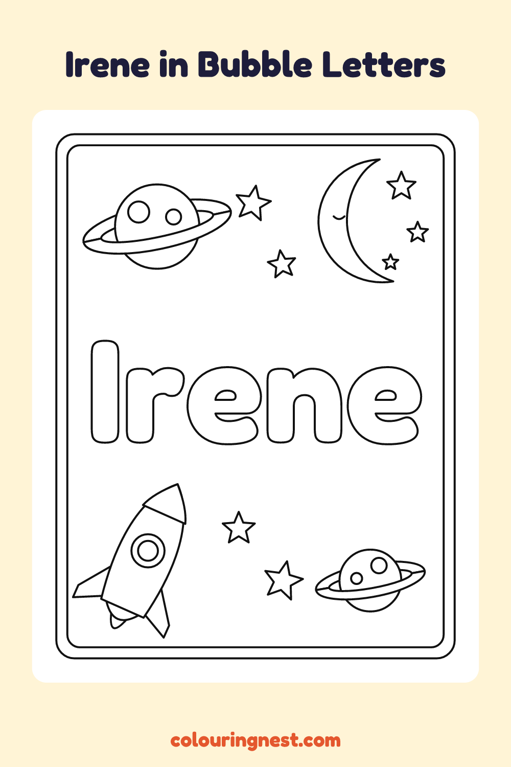 Irene in Bubble Letters coloring page: free printable black-and-white line art