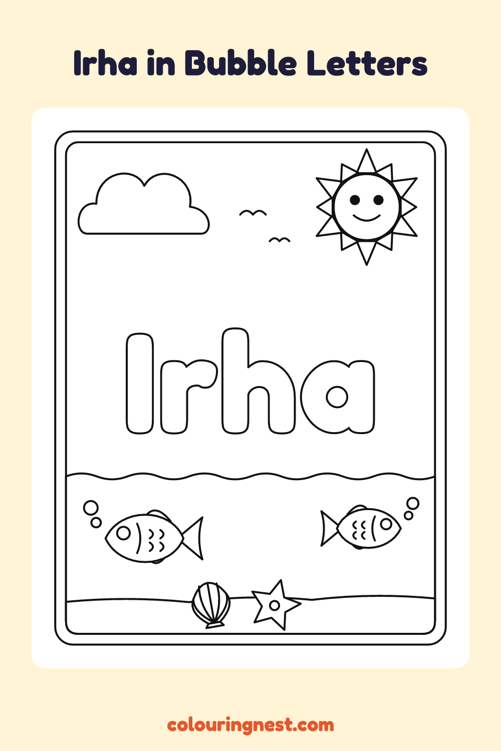 Irha in Bubble Letters coloring page: free printable black-and-white line art