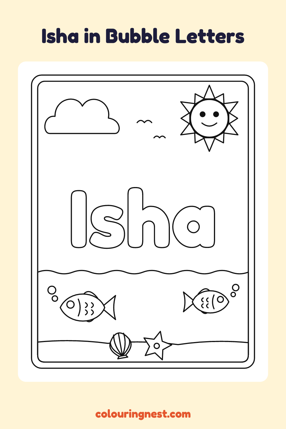 Isha in Bubble Letters coloring page: free printable black-and-white line art