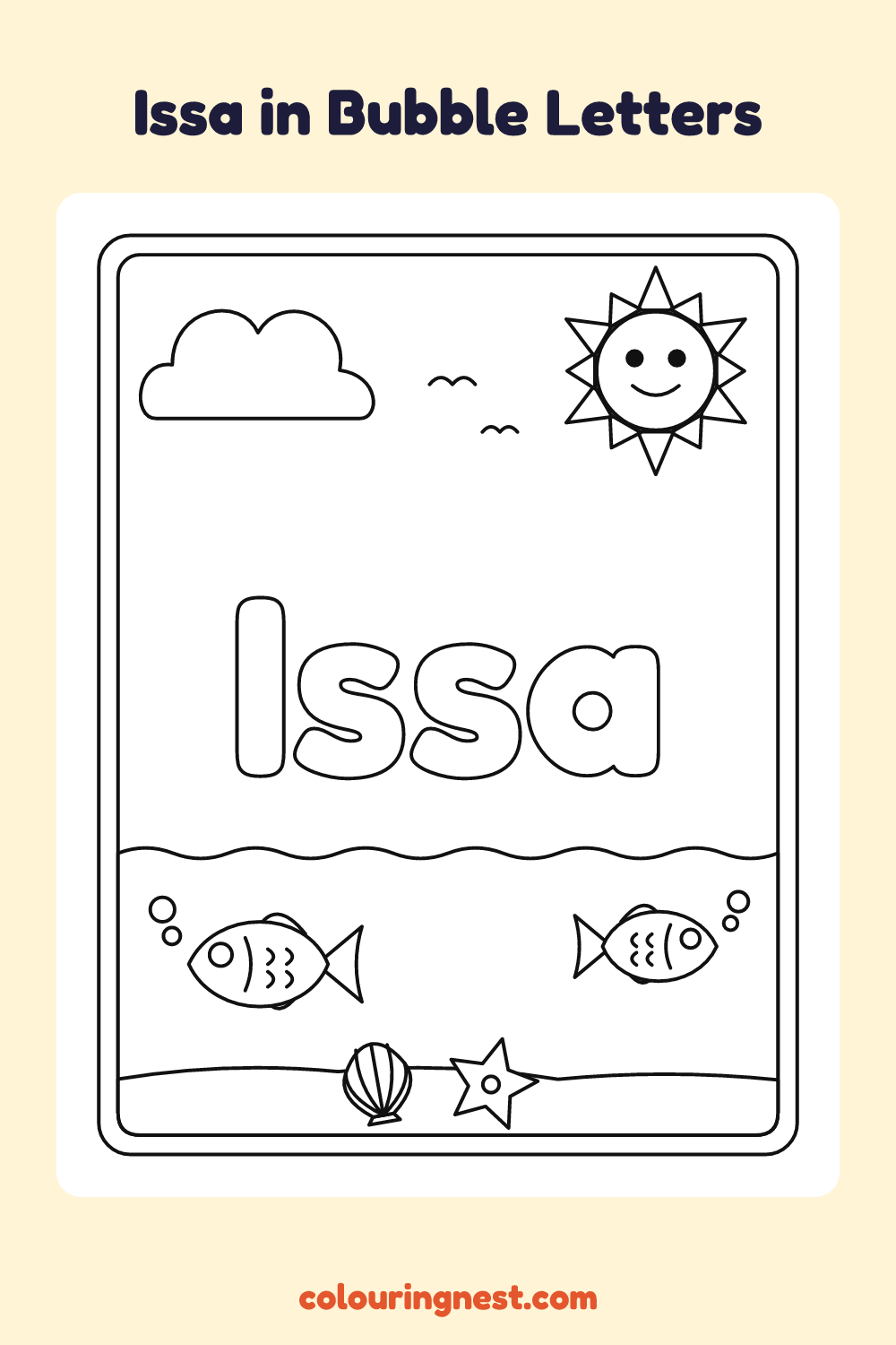 Issa in Bubble Letters coloring page: free printable black-and-white line art