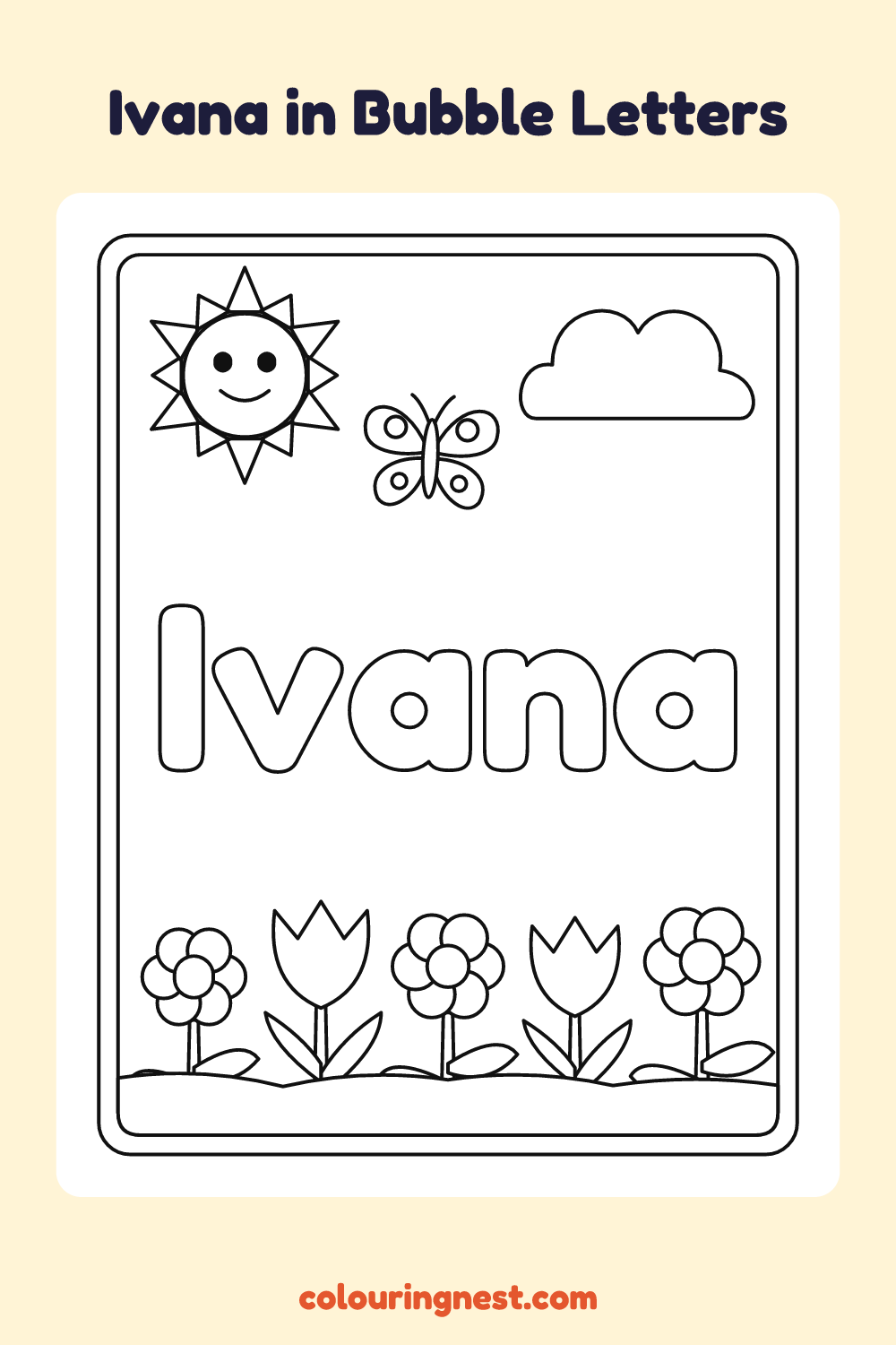 Ivana in Bubble Letters coloring page: free printable black-and-white line art